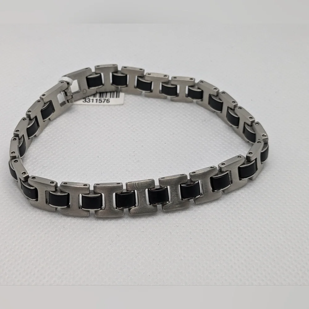 Stainless-Steel and Black Rubber Bracelet 8 1/2